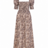Brown Floral Smocked Midi Dress with Square Neck and Puff Sleeves