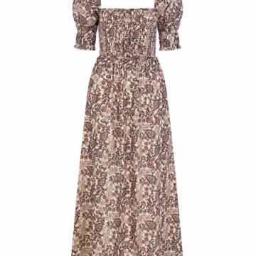 Brown Floral Smocked Midi Dress with Square Neck and Puff Sleeves