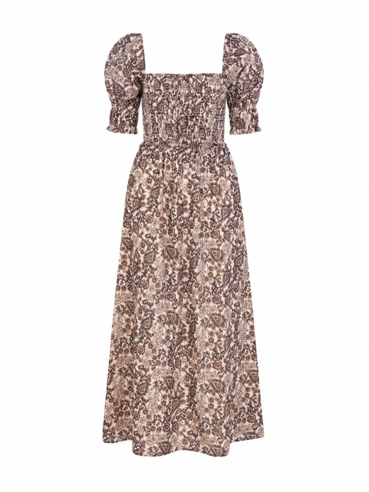 Brown Floral Smocked Midi Dress with Square Neck and Puff Sleeves