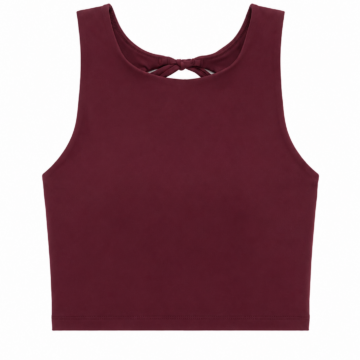 Burgundy Sleeveless Crop Top High Crew Neck with Back Twist