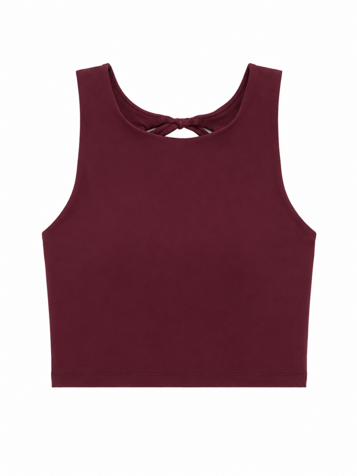 Burgundy Sleeveless Crop Top High Crew Neck with Back Twist