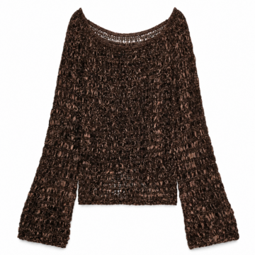 Dark Brown Boxy Open-Knit Sweater with Scoop Neck