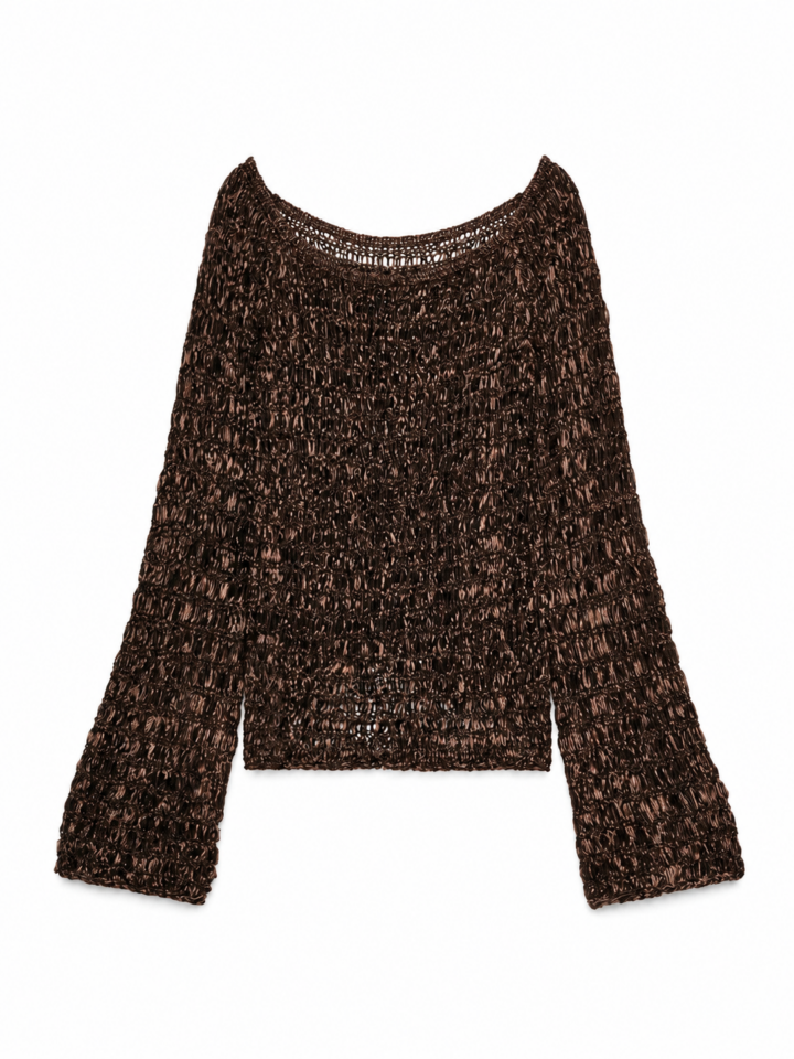 Dark Brown Boxy Open-Knit Sweater with Scoop Neck