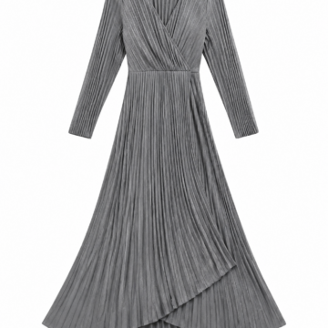 Grey Pleated Midi Dress with Surplice V-Neck and Tulip Hem