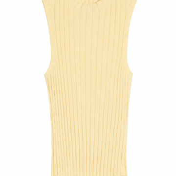 Pale Yellow Sleeveless Mock Neck Ribbed Knit Top