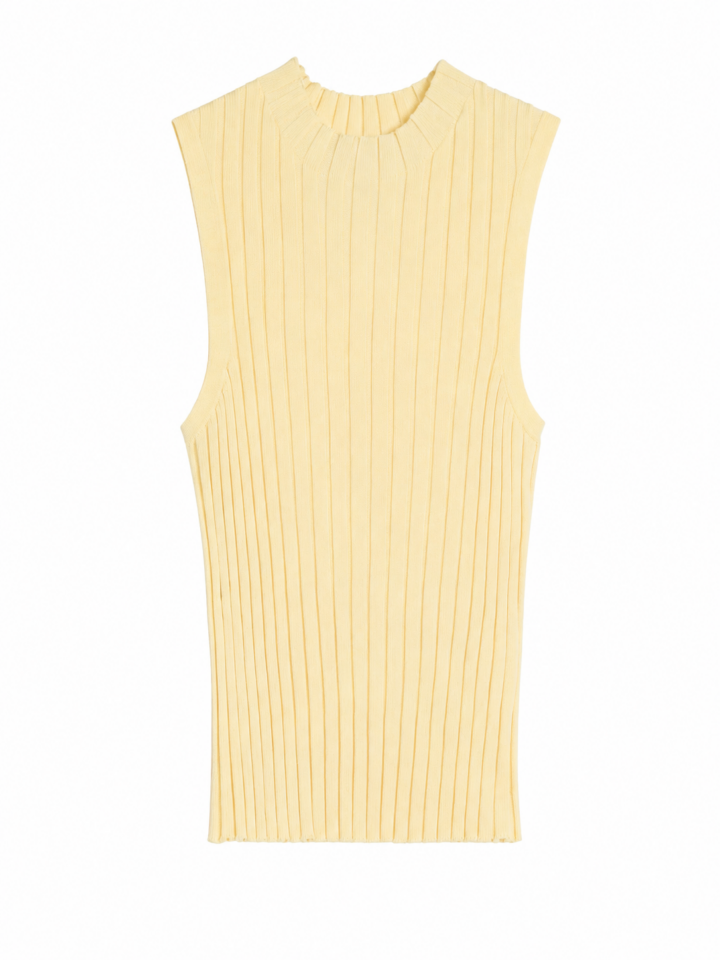 Pale Yellow Sleeveless Mock Neck Ribbed Knit Top