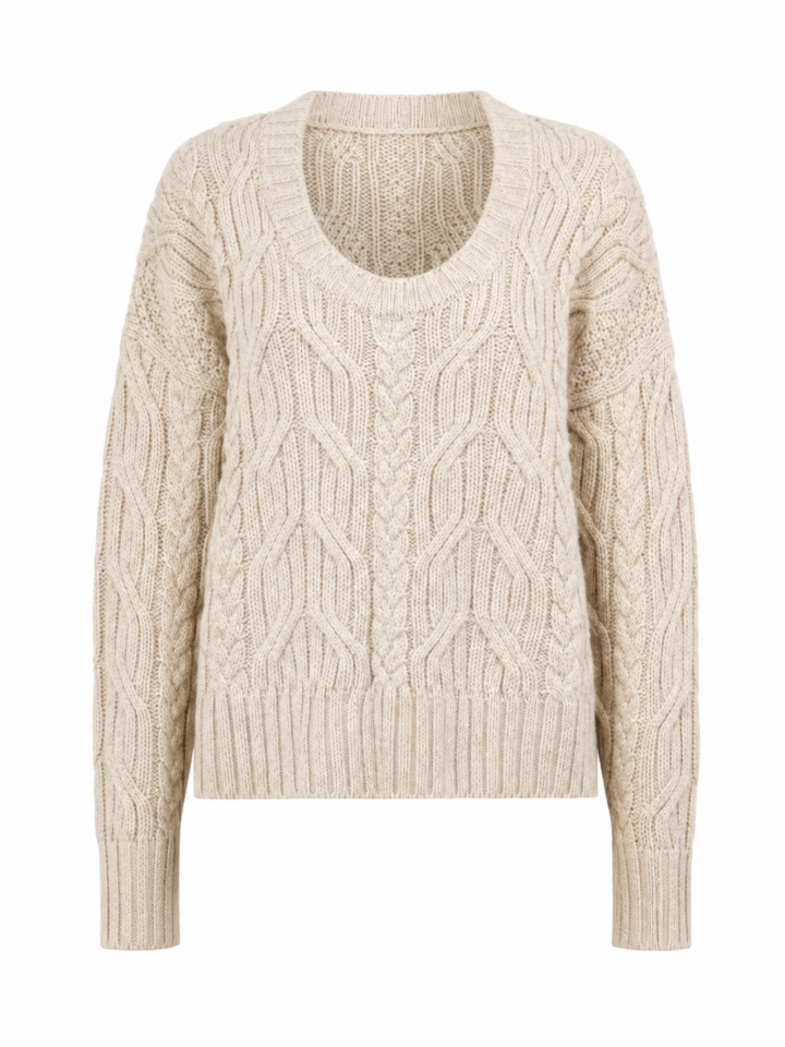 Cream Cable-Knit Scoop Neck Sweater