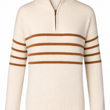 Cream Quarter-Zip Striped Sweater with Rust Brown Stripes