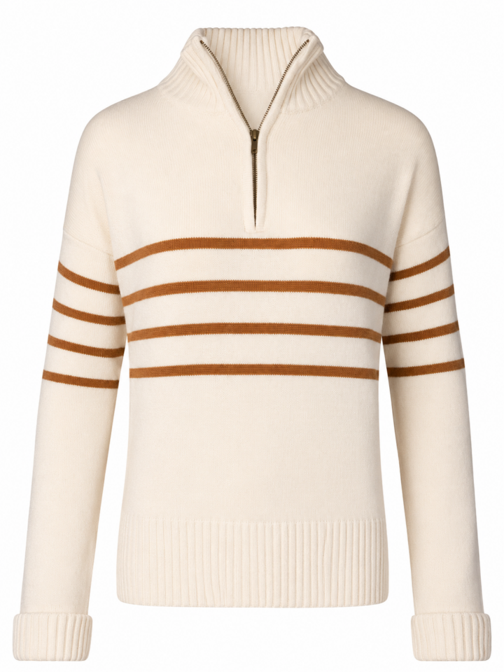 Cream Quarter-Zip Striped Sweater with Rust Brown Stripes