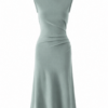 Sage Green Mock Neck Sleeveless Midi Dress with Ruched Bodice