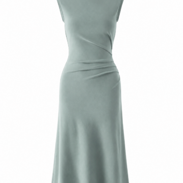 Sage Green Mock Neck Sleeveless Midi Dress with Ruched Bodice