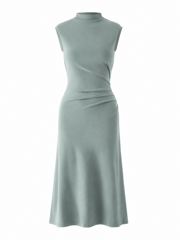 Sage Green Mock Neck Sleeveless Midi Dress with Ruched Bodice