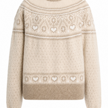 Cream Fair Isle Mock Neck Sweater with Heart Motifs