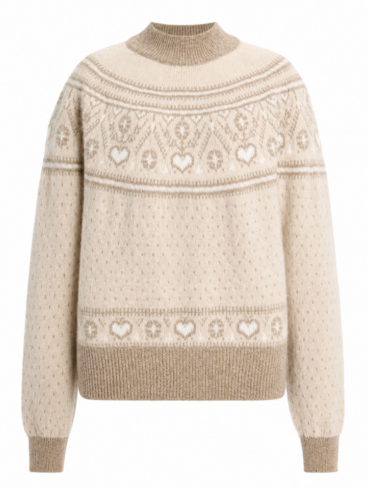 Cream Fair Isle Mock Neck Sweater with Heart Motifs