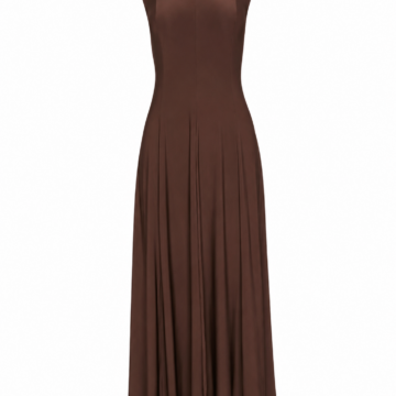 Chocolate Brown Sleeveless Maxi Dress with Mock Neck and Pleated Skirt