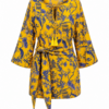 Yellow Floral Printed Tunic Dress with Bell Sleeves and Tassel Tie