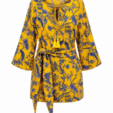 Yellow Floral Printed Tunic Dress with Bell Sleeves and Tassel Tie