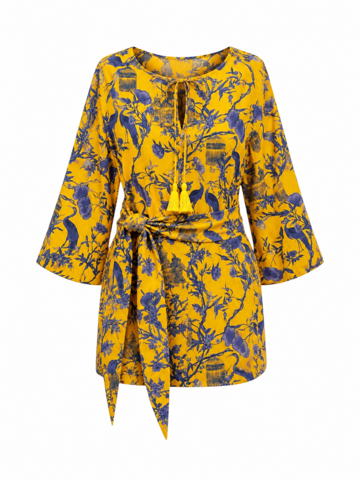 Yellow Floral Printed Tunic Dress with Bell Sleeves and Tassel Tie