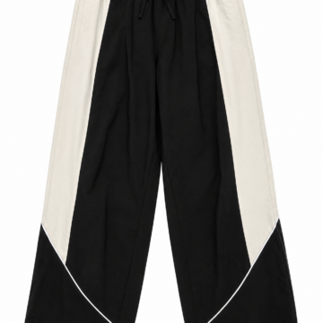 Black Relaxed Wide-Leg Track Pants with White Side Panels and Chevron Stripe