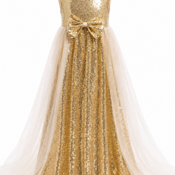Gold Sequined A-Line Evening Dress with Bow