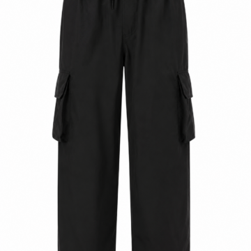 Black Relaxed Cargo Pants with Drawstring Waist and Side Flap Pockets