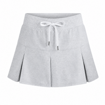 Heather Grey Pleated Mini Skirt with Ribbed Waistband and Drawstring