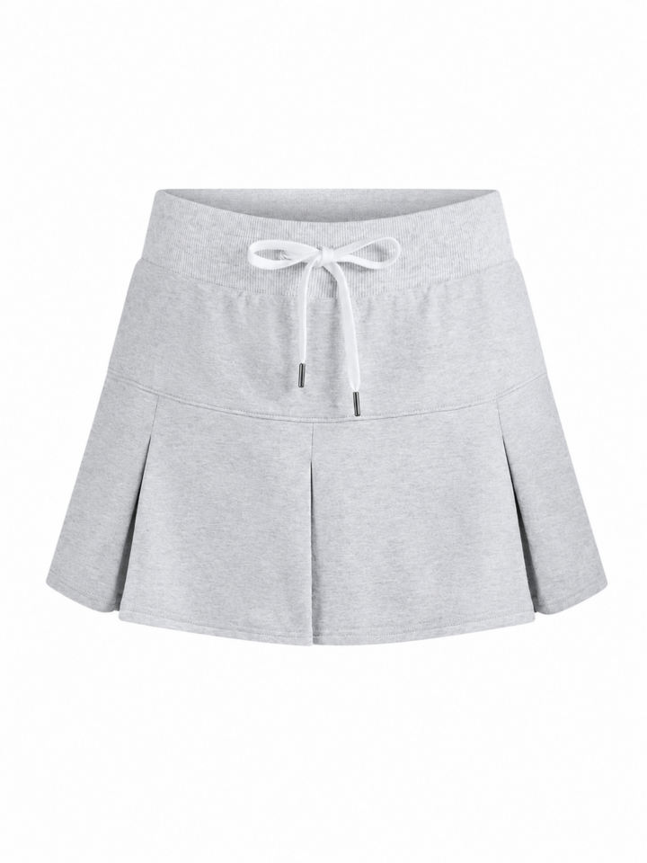 Heather Grey Pleated Mini Skirt with Ribbed Waistband and Drawstring