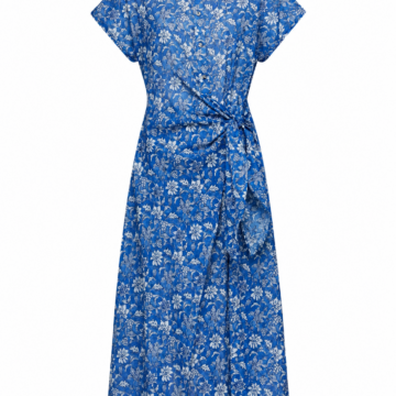 Blue Floral Wrap Shirt Dress with Short Sleeves