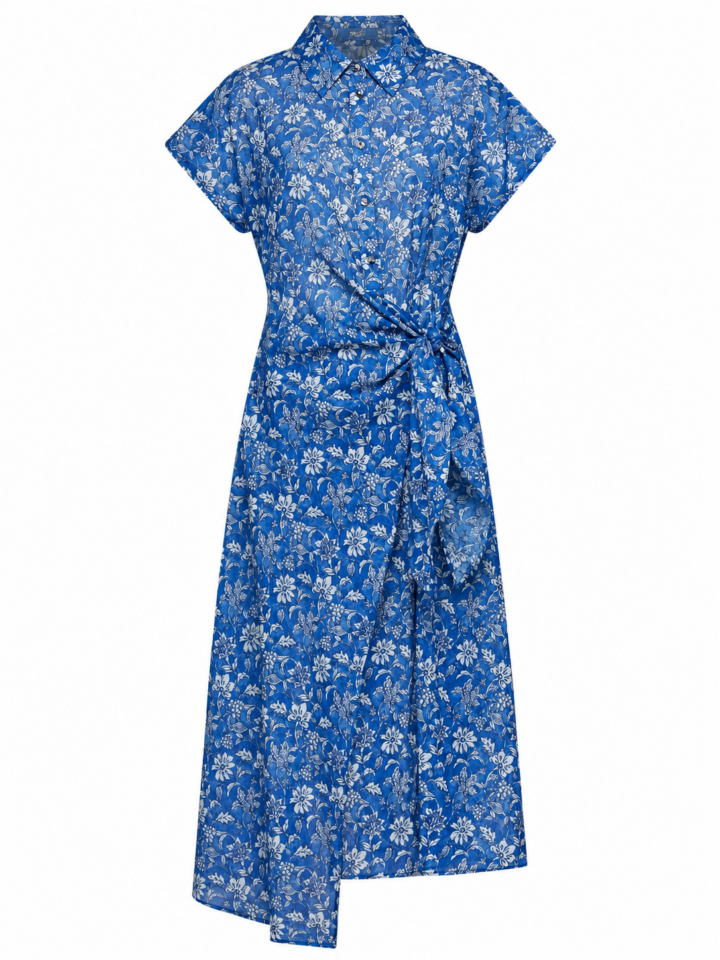 Blue Floral Wrap Shirt Dress with Short Sleeves