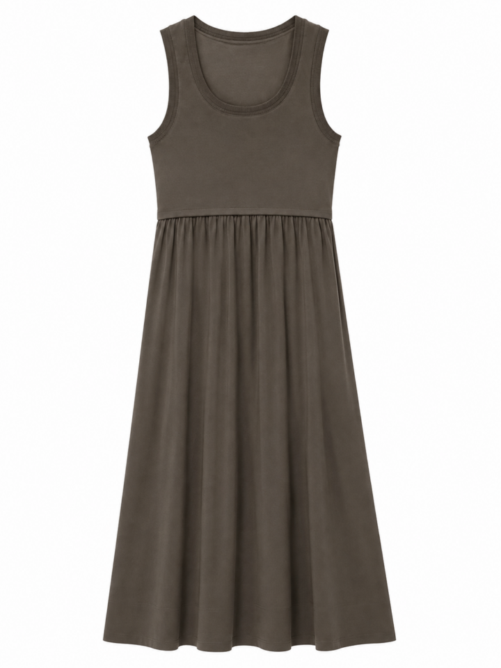 Dark Olive Green Sleeveless Scoop Neck Maxi Dress with A-Line Skirt