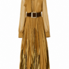Golden Bronze Long-Sleeve High Neck Maxi Dress with Pussy-Bow and Pleated Skirt