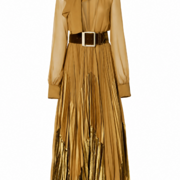 Golden Bronze Long-Sleeve High Neck Maxi Dress with Pussy-Bow and Pleated Skirt