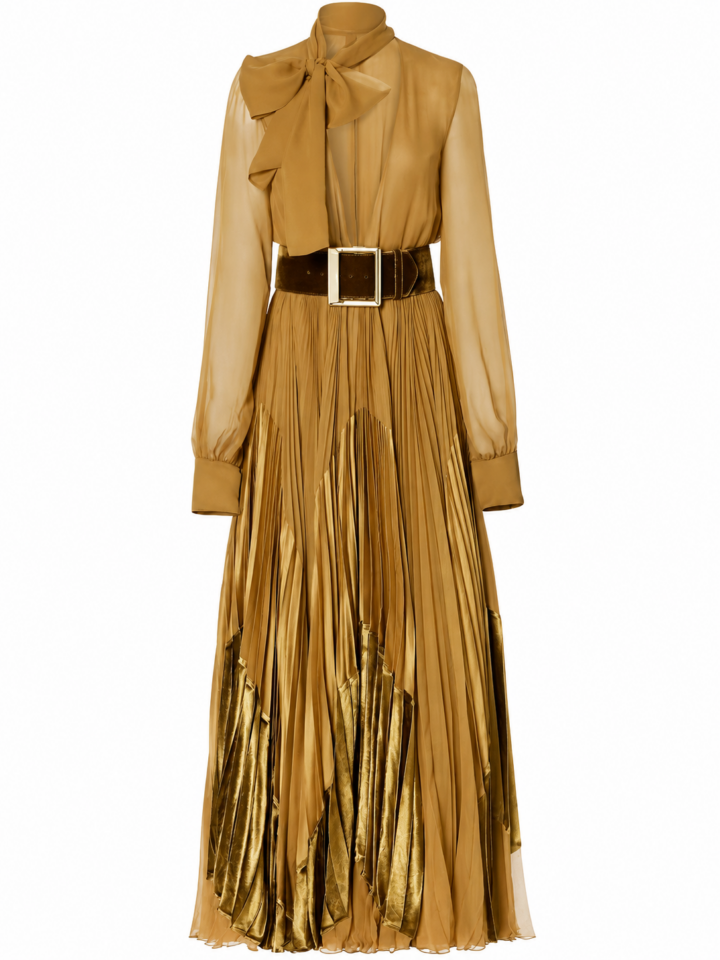Golden Bronze Long-Sleeve High Neck Maxi Dress with Pussy-Bow and Pleated Skirt