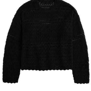 Black Cropped Open-Knit Sweater with Scalloped Edges