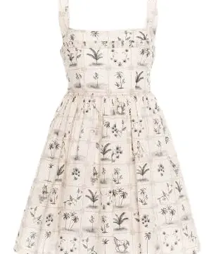 Off-White Fit-and-Flare Mini Dress with Botanical Print and Square Neckline