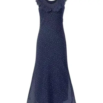 Navy White Micro-Dot Maxi Dress with Ruffle Cap Sleeves