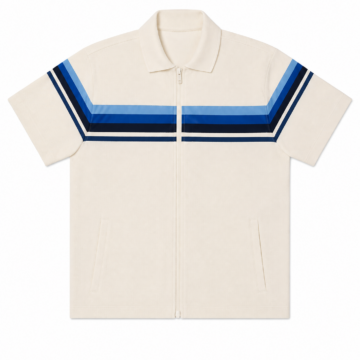Off-White Relaxed Fit Zip Polo Shirt with Multi-Blue Chevron Stripes