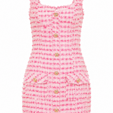 Pink Tweed Sleeveless Fitted Mini Dress with Square Neckline