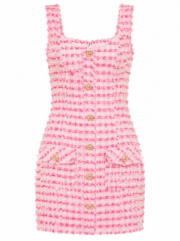 Pink Tweed Sleeveless Fitted Mini Dress with Square Neckline