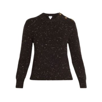 Black Fitted Ribbed Knit Sweater with Gold Button Shoulder