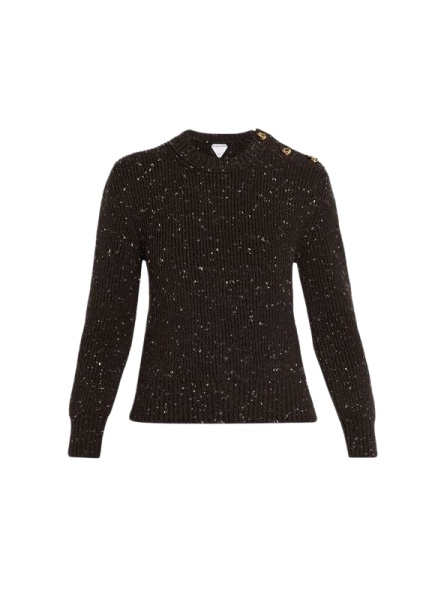 Black Fitted Ribbed Knit Sweater with Gold Button Shoulder