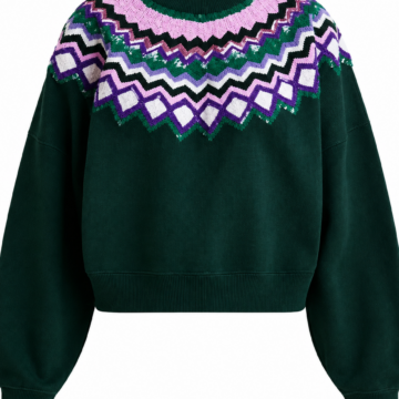 Forest Green Relaxed Fair Isle Sweater with Balloon Sleeves