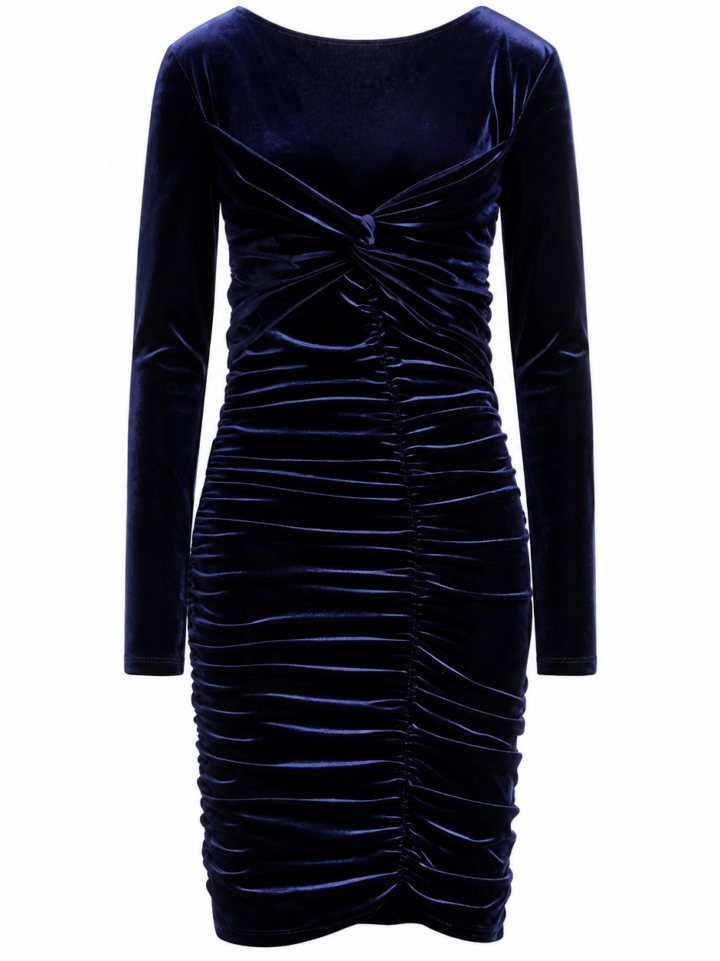 Navy Blue Velvet Bodycon Dress with Knotted Front and Ruching